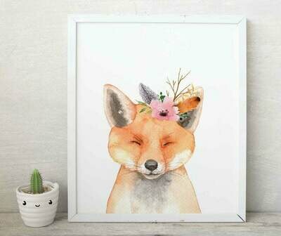 Floral Watercolour Fox Wall Art Print