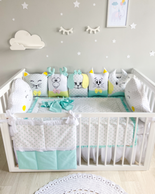 Bespoke Handmade Cot Bedding Set - Animal Friends: Turquoise