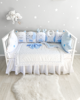 Bespoke Handmade Cot Bedding Set - Animal Friends: Blue